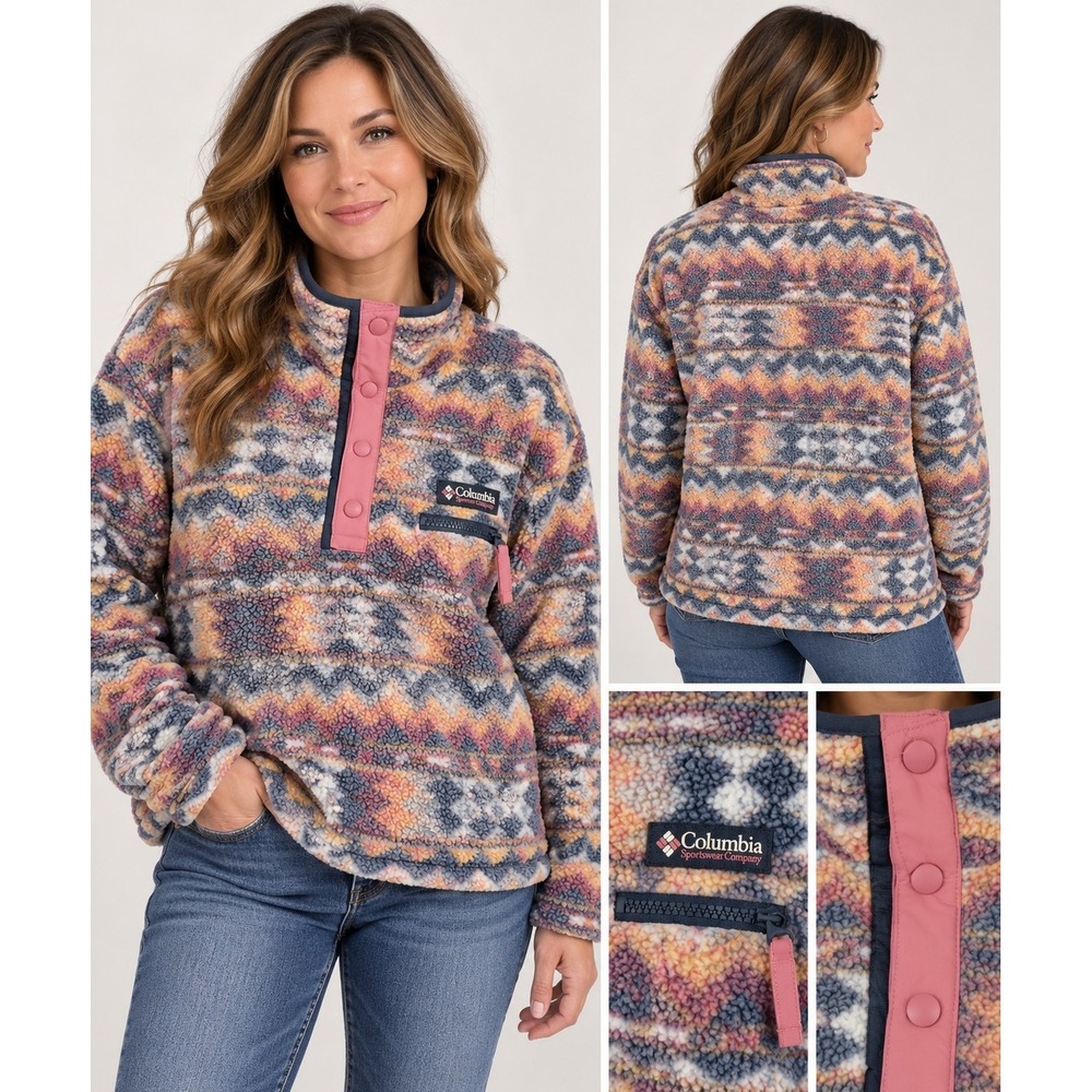 Columbia Helvitia II Cropped Jacket Sherpa Southwestern Aztec Snap Women's Sz L